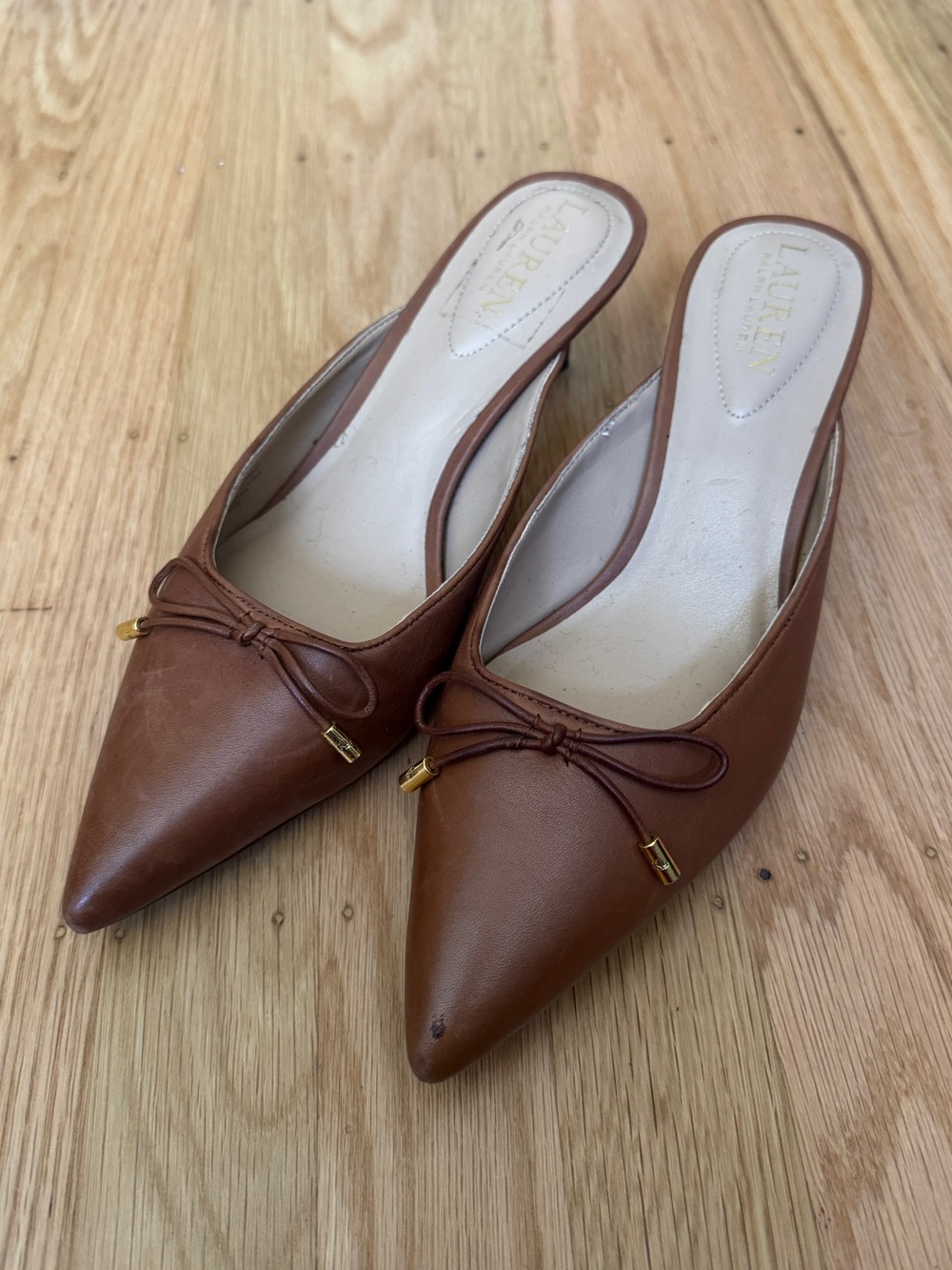 Lauren Ralph Lauren Tan Leather Pointed Toe Slip-On Mules